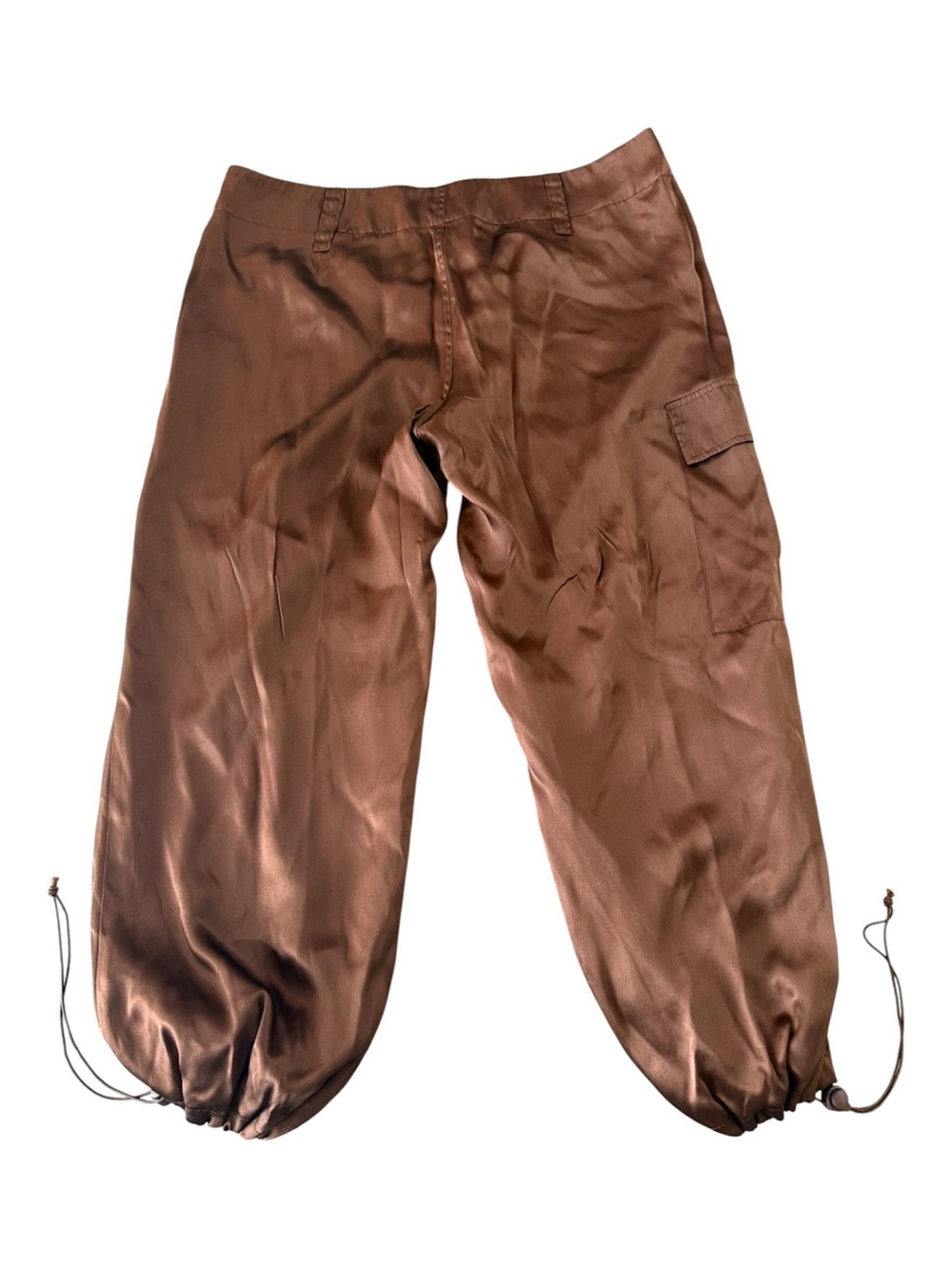 Nora Noh brown 100% silk cargo pants with ankle drawstrings